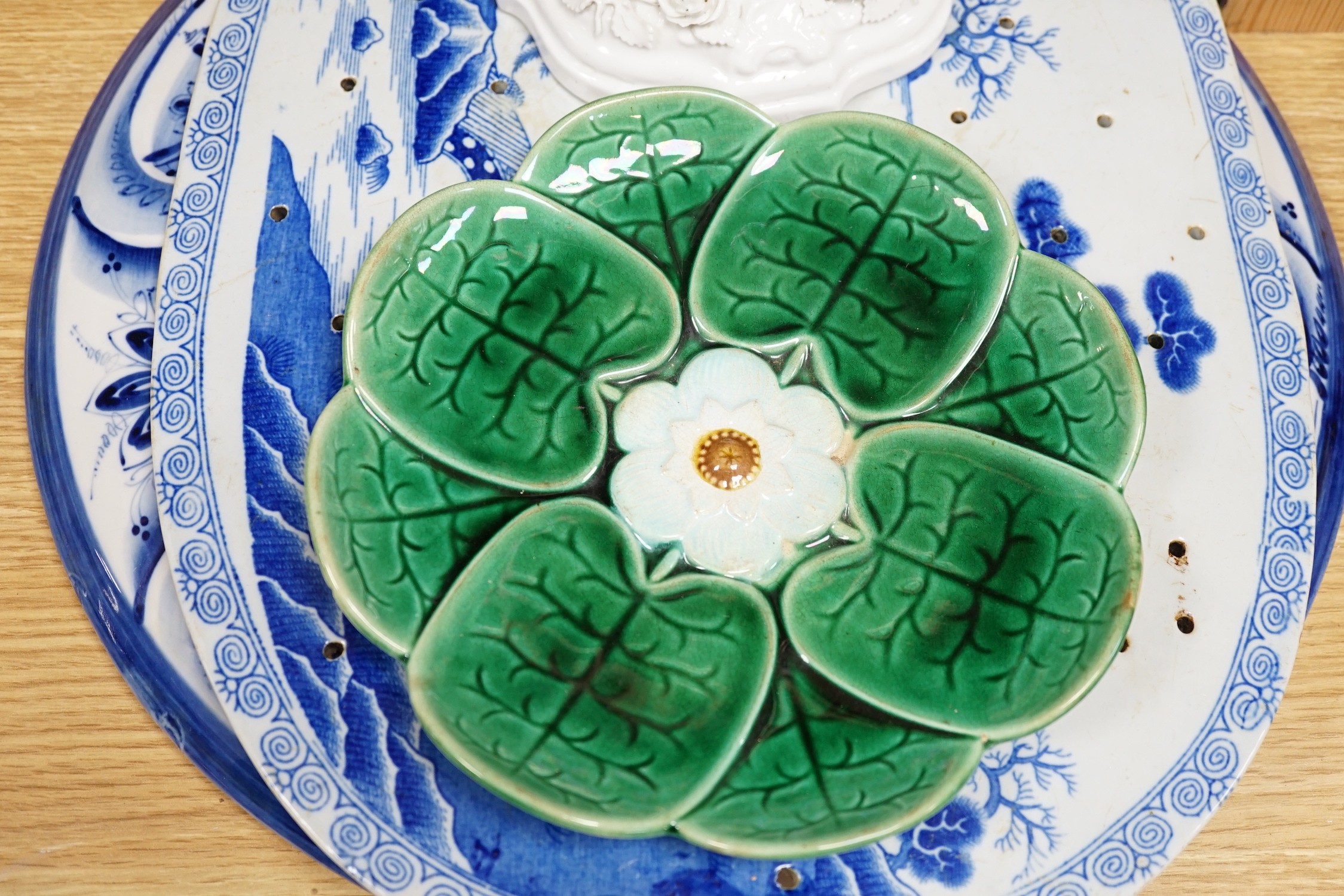 A Victorian blue printed strainer and other various ceramics